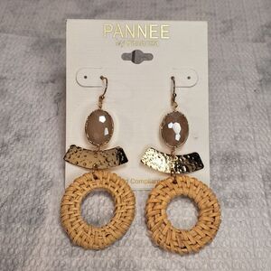 Pannee Panacea Brown Wicker Woven Dangle Hoop Earrings Boho Bohemian Cottage NEW